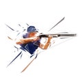 Trap shooting, aiming athlete with gun, low polygonal isolated vector illustration. Geometric drawing from triangles