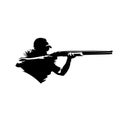 Trap shooting, aiming athlete with gun, isolated vector silhouette. Ink drawing Royalty Free Stock Photo