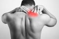 Trapezius muscle pain, man body soreness in shoulder muscle or levator muscle Royalty Free Stock Photo