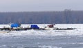 Trapped boats into the frozen Danube river