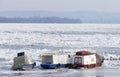 Trapped boats into the frozen Danube river