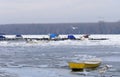 Trapped boats into the frozen Danube river