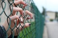 Young girl hands through green steel net Royalty Free Stock Photo