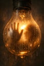 Trapped Human Presence Reaching Through Condensation Inside A Glowing Light Bulb Royalty Free Stock Photo