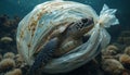 Trapped Turtle Struggles in Plastic Bag Underwater Showing Marine Pollution