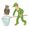 Trapping bird icon isometric vector. Man in uniform with landing net near owl