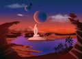 Trappist-1 system. Exoplanets. Space landscape, the colonization of the planets. Vector illustration