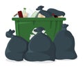 Trash Bag with Bin and Tank Icon. Black Garbage Bag on white Background. Trash Container Symbol, Icon and Badge. Cartoon Vector Royalty Free Stock Photo