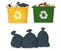 Trash Bag with Bin and Tank Icon. Black Garbage Bag on white Background. Trash Container Symbol, Icon and Badge. Cartoon Vector Royalty Free Stock Photo