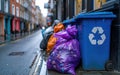 Trash bags in blue bins line the city street, social responsibility picture