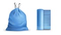 Trash bags. Garbage blue eco pack with ties in different states, empty and full realistic polyethylene element, roll and Royalty Free Stock Photo