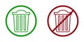 trash ban prohibit icon. Not allowed waste.
