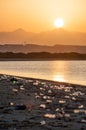 Trash beach of the big city. Empty used dirty plastic bottles. Dirty sea sandy coast of the Red Sea. Ecological problem.