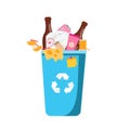 Trash bin. Blue Garbage can with different waste inside. Plastic, paper, bottles and other household rubbish Royalty Free Stock Photo