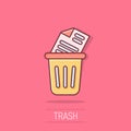 Trash bin with document icon in comic style. Paper recycle cartoon vector illustration on isolated background. Office garbage Royalty Free Stock Photo