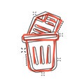Trash bin with document icon in comic style. Paper recycle cartoon vector illustration on white isolated background. Office Royalty Free Stock Photo
