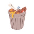 Trash bin full of garbage heap. Waste can with organic refuses, rubbish, food scraps. Open bucket, basket filled with Royalty Free Stock Photo