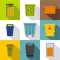 Trash bin icon set, flat style Royalty Free Stock Photo