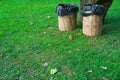 Trash bin made of bamboo baskets on green grass Royalty Free Stock Photo