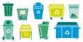 Trash bin. Metal waste containers and plastic rubbish bags for garbage collection and separation. Cartoon refuse buckets