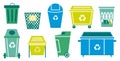 Trash bin. Metal waste containers and plastic rubbish bags for garbage collection and separation. Cartoon refuse buckets. Waste