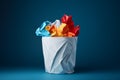 Trash bin from paper, full of color crumpled paper