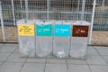 Trash bin for plastic waste. Modern colorful refuse bins for separate trash. Environmental consciousness.