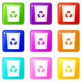 Trash bin with recycle symbol icons 9 set Royalty Free Stock Photo
