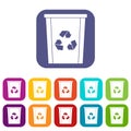 Trash bin with recycle symbol icons set flat Royalty Free Stock Photo