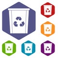 Trash bin with recycle symbol icons set hexagon Royalty Free Stock Photo