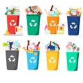 Trash bin set. containers full of all types garbage and waste. Bottles, plastic, glass and other household rubbish. collection of