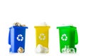 Trash bin. Yellow, green, blue dustbin for recycle plastic, paper and glass can trash isolated on white background. Container for Royalty Free Stock Photo