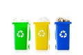 Trash bin. Yellow, green, blue dustbin for recycle plastic, paper and glass can trash isolated on white background. Container for Royalty Free Stock Photo