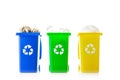 Trash bin. Yellow, green, blue dustbin for recycle plastic, paper and glass can trash isolated on white background. Container for Royalty Free Stock Photo