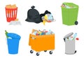 Trash bins with garbage, open dump and waste bags. Plastic bin, recycle rubbish containers. Isolated dirty junk, decent