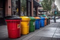 a row of recycling bins on a city street. Generative AI