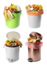 Trash bins with organic waste for composting on white background, collage Royalty Free Stock Photo
