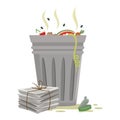 Trash can cartoon icon. Waste paper, tin can lying, flies flying around metal open rubbish bin. Royalty Free Stock Photo