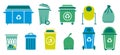 Trash can. Containers for glass organic and paper garbage. Metal waste bins and plastic rubbish bags. Isolated buckets Royalty Free Stock Photo