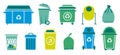 Trash can. Containers for glass organic and paper garbage. Metal waste bins and plastic rubbish bags. Isolated buckets for sorting Royalty Free Stock Photo