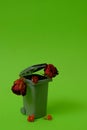 Trash can and dead flowers on a green background. Text space. Environmental protection, waste concept. Minimal style. Royalty Free Stock Photo