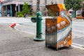 Trash can decorated, colorful in Anchorage, Alaska.