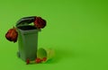 Trash can, dry flowers and a small light green bucket on a green background. Text space. Environmental protection, waste concept. Royalty Free Stock Photo