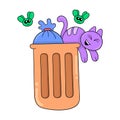 Trash can filled with cats playing games, doodle icon image kawaii