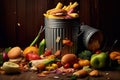 A trash can full of food is shown with a pile of food in it. AI generation Royalty Free Stock Photo