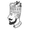 Trash can on head sketch engraving vector