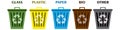 Trash can icon collection. Sorting Bins vector Flat illustration set. Separation concept. Plastic containers for garbage of Royalty Free Stock Photo