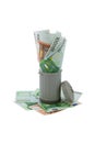 Trash can overfilled with European money represent Royalty Free Stock Photo