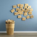 Conceptual Image of Paper Mail in a Trash Can and Stuck on a Wall, Illustrating Information Overload, Unread Correspondence, and