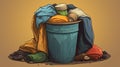 Trash can with pile of clothes. Fashion harms the environment. minmalist cartoon style